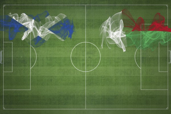 Scotland vs Madagascar Soccer Match, national colors, national flags, soccer field, football game, Competition concept, Copy space