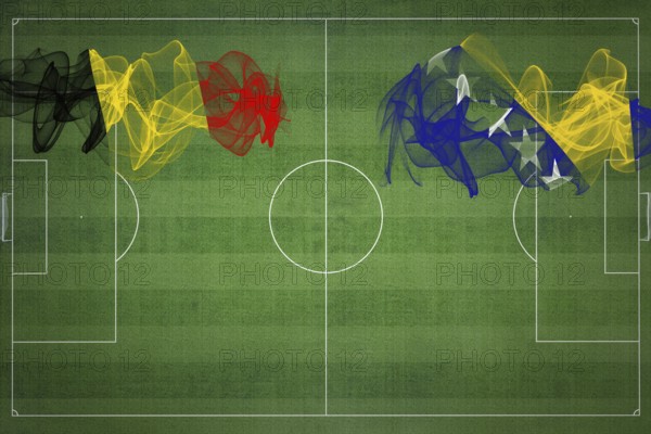 Belgium vs Bosnia and Herzegovina Soccer Match, national colors, national flags, soccer field, football game, Competition concept, Copy space