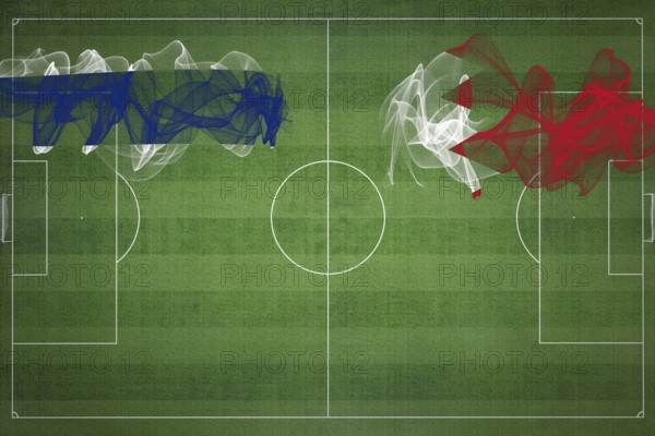 Thailand vs Bahrain Soccer Match, national colors, national flags, soccer field, football game, Competition concept, Copy space