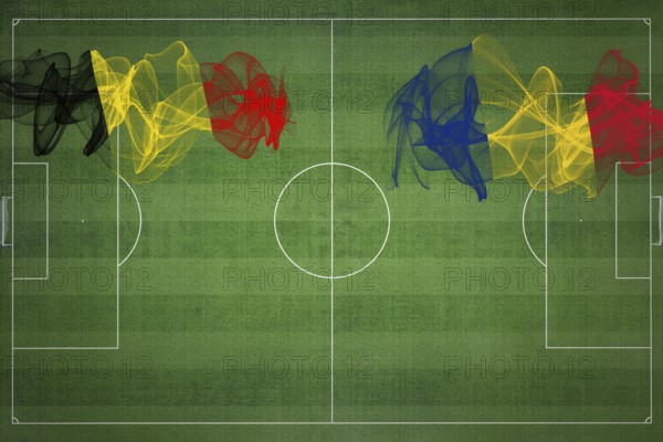 Belgium vs Romania Soccer Match, national colors, national flags, soccer field, football game, Competition concept, Copy space