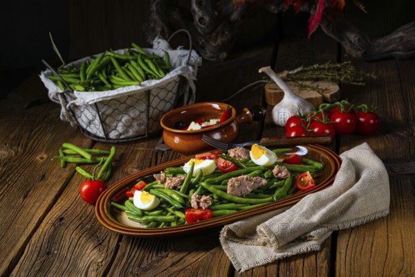 Rustic green bean salad with egg and tuna