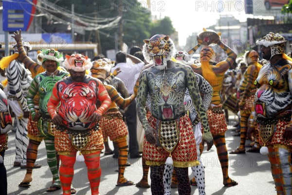 Pulikali Tiger Dance procession, Onam festival, Thrissur, Kerala, India, Asia