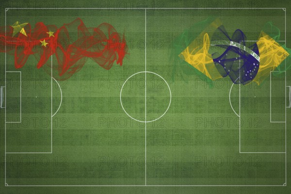 China vs Brazil Soccer Match, national colors, national flags, soccer field, football game, Competition concept, Copy space