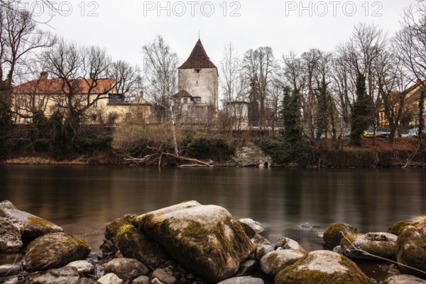 Freimannsturm, medieval town tower on the river Mur, long exposure, Leoben, Styria, Austria, Europe