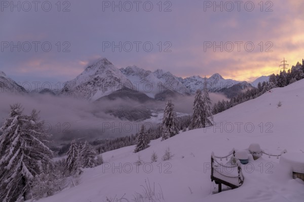 Dawn, Motta Naluns with view towards Val S-charl, Scuol, Engadin, Grisons, Switzerland, Europe