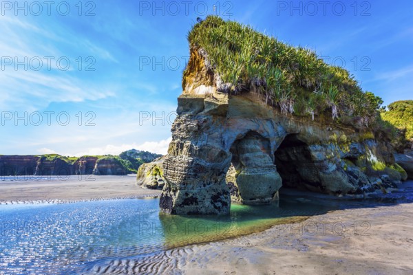 Powerful coastal rocks and arches to the ocean tide. The Pacific coast, New Zealand, North Island. The concept of active and phototourism, Oceania
