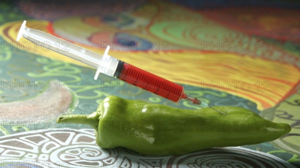Bio genetics research of food, green pepper and syringe