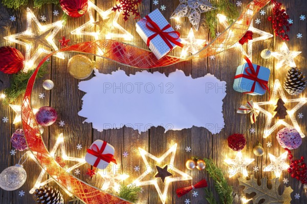 Christmas postcard vintage parchment copy space on wood background
