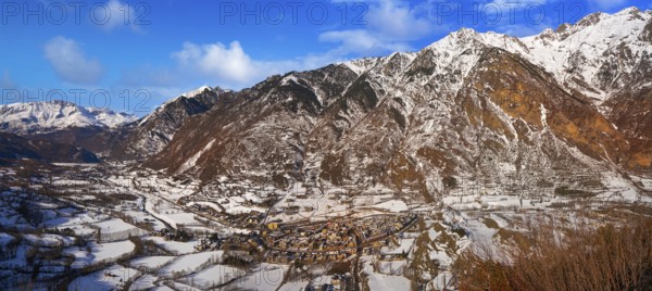 Benasque village Benas aerial view in Huesca Pyrenees of Spain