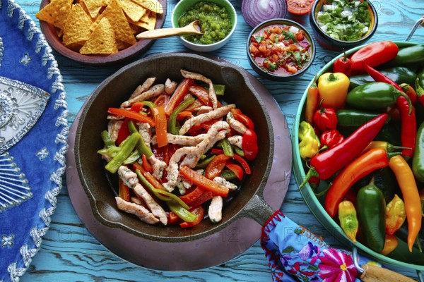 Chicken fajitas in a pan with sauces chili and sides Mexican food
