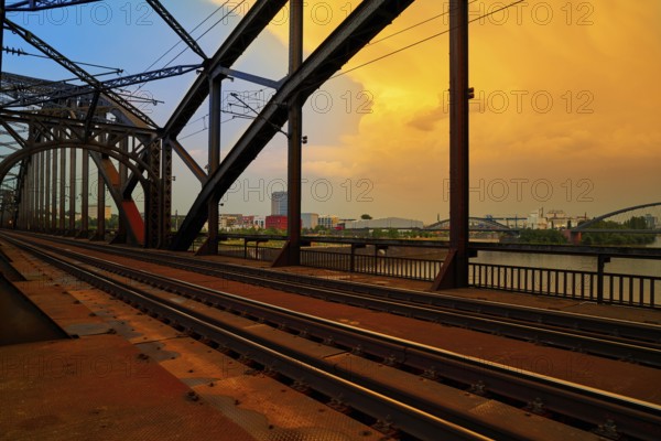 Berlin railway at Deutschherrnbrucke bridge over river Meno in Germany