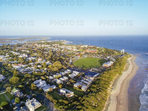 Aerial views of Queenscliff at dusk on a summer's day on the Bellarine Peninsula, Victoria, Australia, Oceania