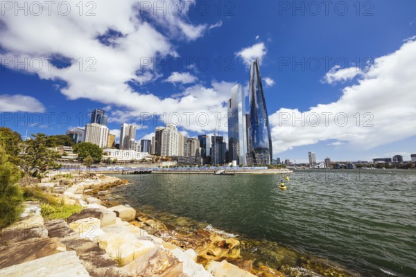 SYDNEY, AUSTRALIA, DECEMBER 03, 2023: The Barangaroo Reserve area and Nawi Cove near The Rocks in Sydney, New South Wales, Australia, Oceania