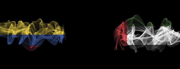 Flags of Colombia and UAE on black background, Colombia vs United Arab Emirates Smoke Flags