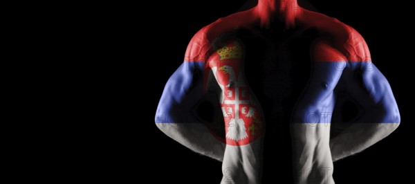 Serbia flag on muscled male torso with abs, black background