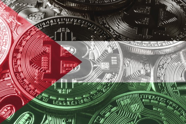 Palestine bitcoin flag, national flag cryptocurrency concept black background