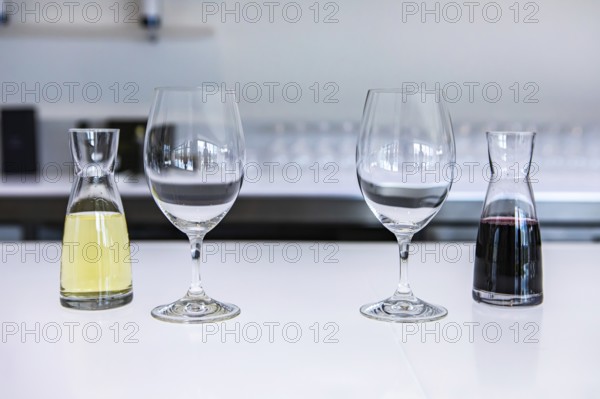 Two empty wine glasses and a pair of small decanters filled with white and red wines, taste stemware on a bright white bar counter of the tasting room