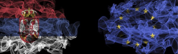 Flags of Serbia and EU on Black background, Serbia vs Europe Union Smoke Flags