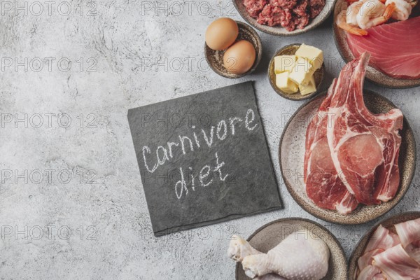Food, Selection food for CARNIVORE DIET. Seafood, Meat, megs and fat. Zero carbs diet concept
