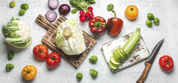 Fresh various vegetables with wooden cutting boards and knife on white kitchen table top view. Cooking vegetarian meal from healthy ingredients, diet food and nutrition concept, food photography, food photography