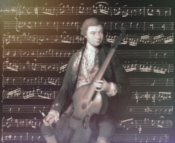 Carl Friedrich Abel, 1723? – 1787, German composer, digitally edited according to a painting by Thomas Gainsborough, Sonatas for viola da gamba and bass, written in the author's own hand