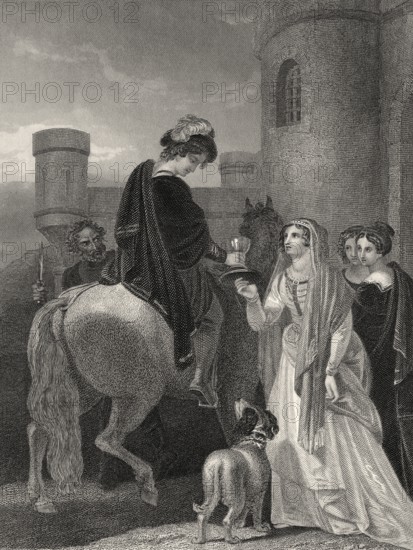 König Edward der Märtyrer erstochen auf Befehl seiner Stiefmutter Elfrida oder Aelfthrith, Corfe Castle, Dorset, 978