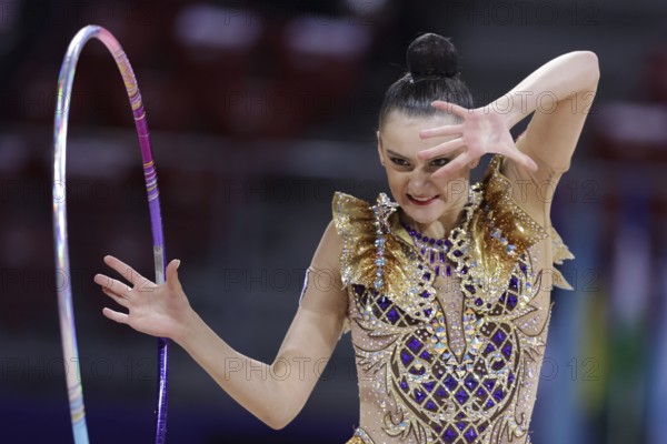 Sofia, Bulgaria - 27 March, 2021: Alina Harnasko of Belarus performs during the individual Hoop final at the 2021 Rhythmic Gymnastics Sofia World Cup, Sofia, Bulgaria, Europe