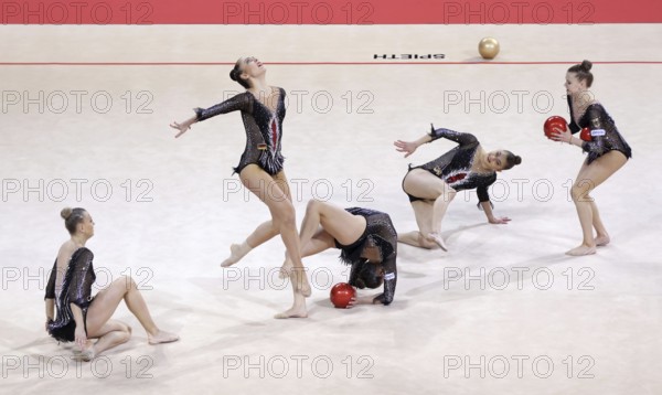 Sofia, Bulgaria - 26 March, 2021:Team Germany perform during the 5 Balls group qualifications at the 2021 Rhythmic Gymnastics Sofia World Cup, Sofia, Bulgaria, Europe