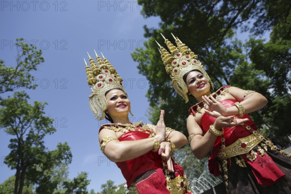 Sofia, Bulgaria - May 19, 2016: Two female performers are showing traditional Thailand clothes and jewelries during a Day of Thai culture in Sofia