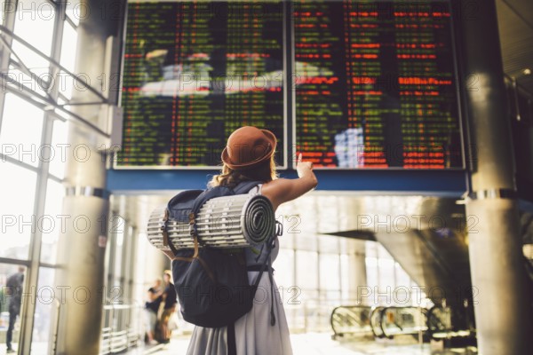 Theme travel public transport. young woman standing back in dress and hat behind backpack camping equipment for sleeping, insulating mat looks schedule on scoreboard airport station hand to the front