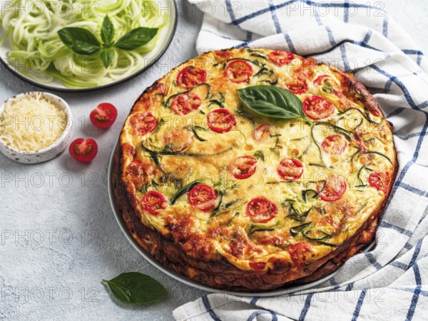 Zucchini pie and ingredients on gray background, copy space left. Delicious savory pie with zucchini, tomatoes, herbs and cheese. Idea and recipe for healthy baking and lot to harvest of zucchini