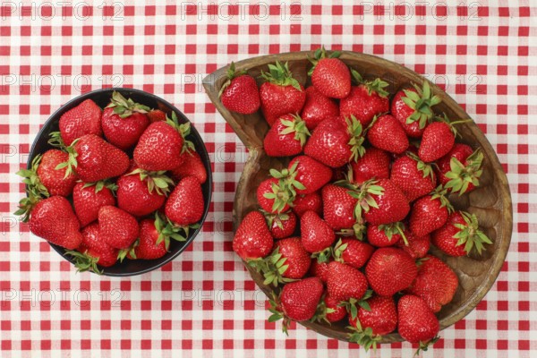Top down view, strawberries in black and wooden carved bowl on red gingham pattern tablecloth, Liptovsky Hradok, Slovakia, Europe
