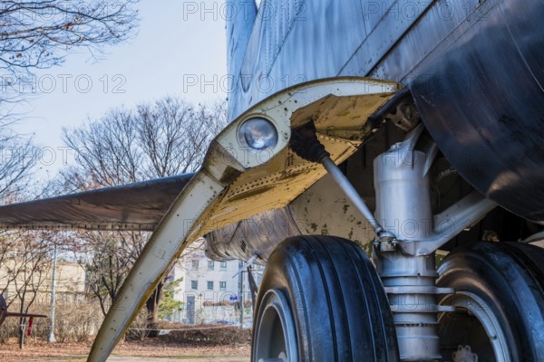Seoul, South Korea. January 10, 2020: Closeup front view of landing gear door with landing light on B-52 bomber at Korean War Memorial