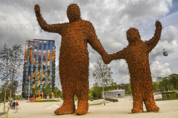 Almere, Netherlands, May 2022. The Arnhem giants and the Flores residential tower at the Floriade Expo 2022 in Almere