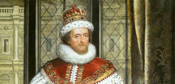 James VI and I, James Charles Stuart, 1566 – 1625, King of England, Scotland and Ireland, digitally edited after a painting by Paul van Somer, 1620