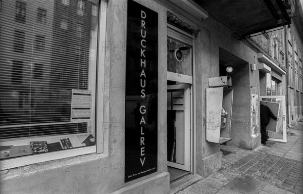 Germany, Berlin, 25 October 1991, Galrev printing works and Café Kyril in Lychener Straße, Europe