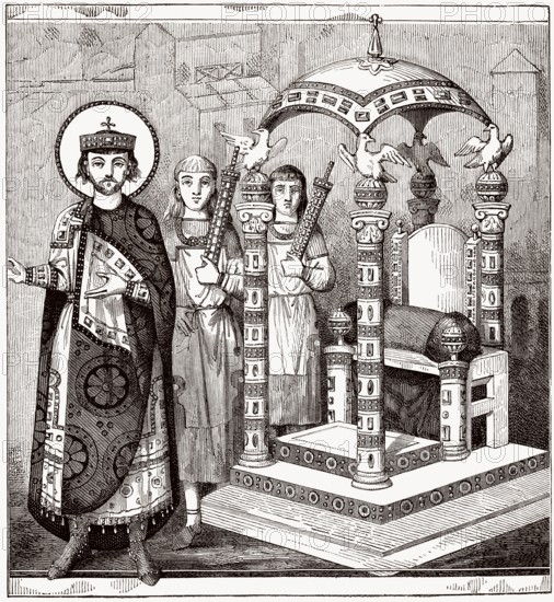 The throne of the emperor of Constantinople, 9th century manuscript, Great Palace of Constantinople