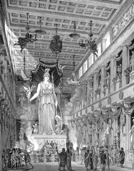 Reconstruction of the Parthenon-Temple, Interior view, dedicated to the Greek goddess Pallas Athena Parthenos on the Acropolis in Athens, Greece, 5th Century BC, Europe