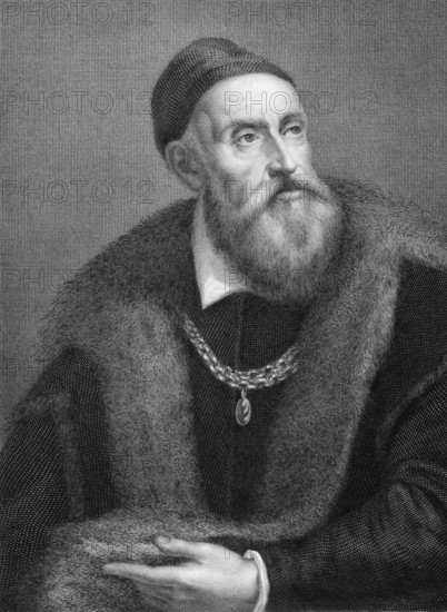 Titian (1473/1490-1576) on copper engraving from 1841. Italian painter, leader of 16th century Venetian school of Italian Renaissance. Engraved by G.Fusinati from a drawing by G.Tubino after a self portait by Titian