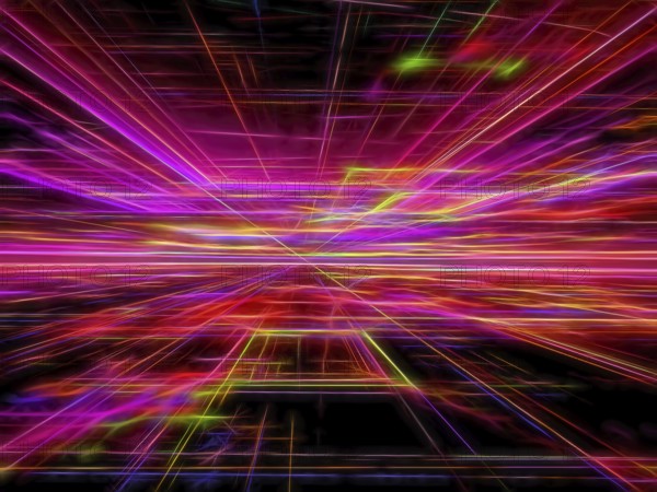 Abstract bright background - computer-generated image. Fractal geometry: chaos, neon glowing lines stretches to horizon. For covers, web design, posters