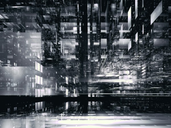 Monochrome background with perspective effect - abstract 3D illustration. A futuristic building - a workshop, space station or data center. Computer generated image - fractal