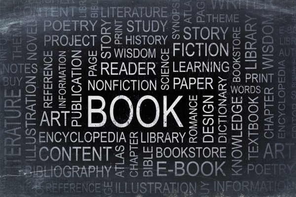 Book, story and literature word cloud - white chalk text on a slate blackboard