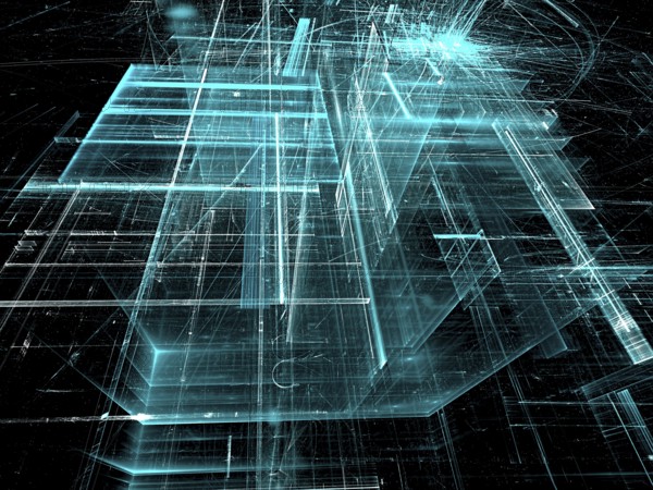 Abstract aquamarine tech background. Fractal art: glass walls on surreal building. Glowing lines and grid. Industry or technology concept. Computer-generated image