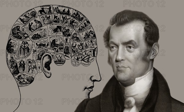 Johann Gaspar Spurzheim, 1776 – 1832, German physician and phrenologist with a Phrenological Chart, head with mental and moral faculties
