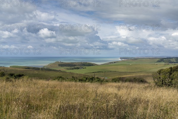 Landscape view of the rolling hills and meadows of the Jurassic Coast on the English Channel coast of East Susse