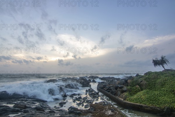 Beach, with lava rocks and vegetation, view of the sea in the evening at sunset. Landscape with clouds in Induruwa, Bentota Beach, Sri Lanka, India, Asia
