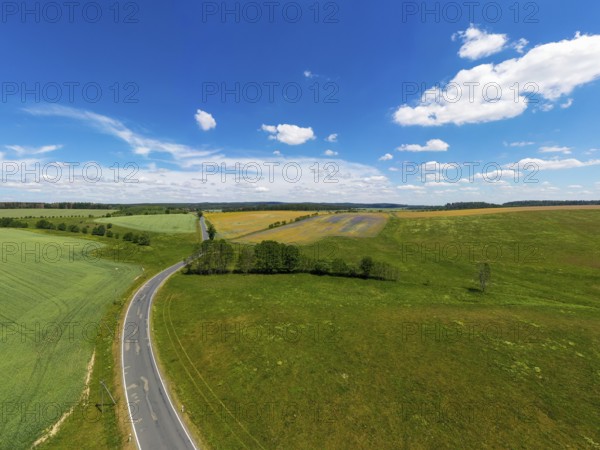 Aerial view of flowering meadows and fields