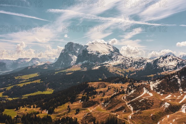 Panoramic view from the Seiser Alm to the Dolomites in Italy, drone shot
