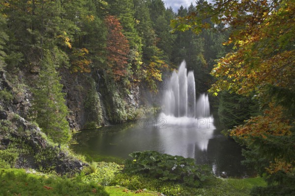 A fountain in the deep lake surrounded by park and lawns