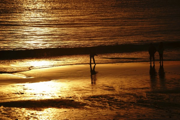 A golden-coloured sunset on Laguna Beach with the silhouette of a boy throwing stones into the water